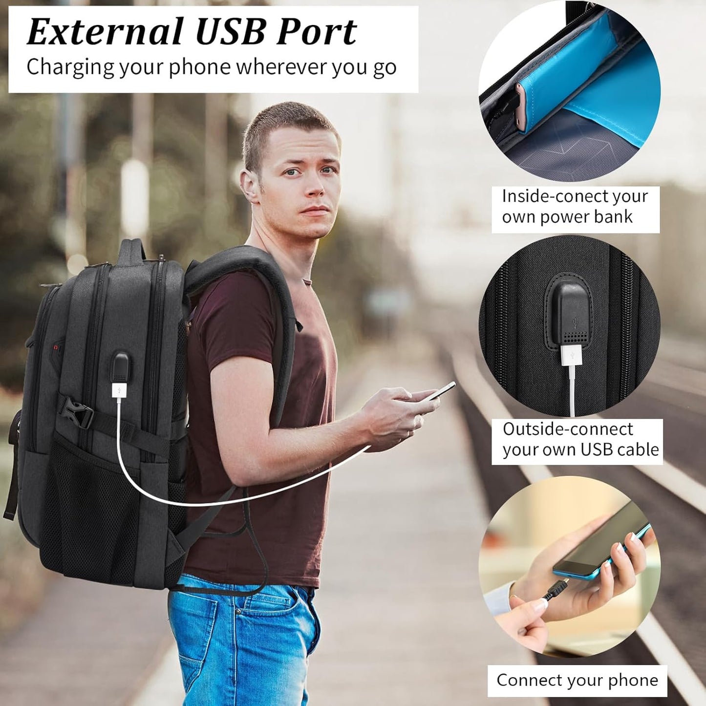 Wasserdichter Laptop-Reiserucksack – USB-Ladeport & Organizer-Fächer