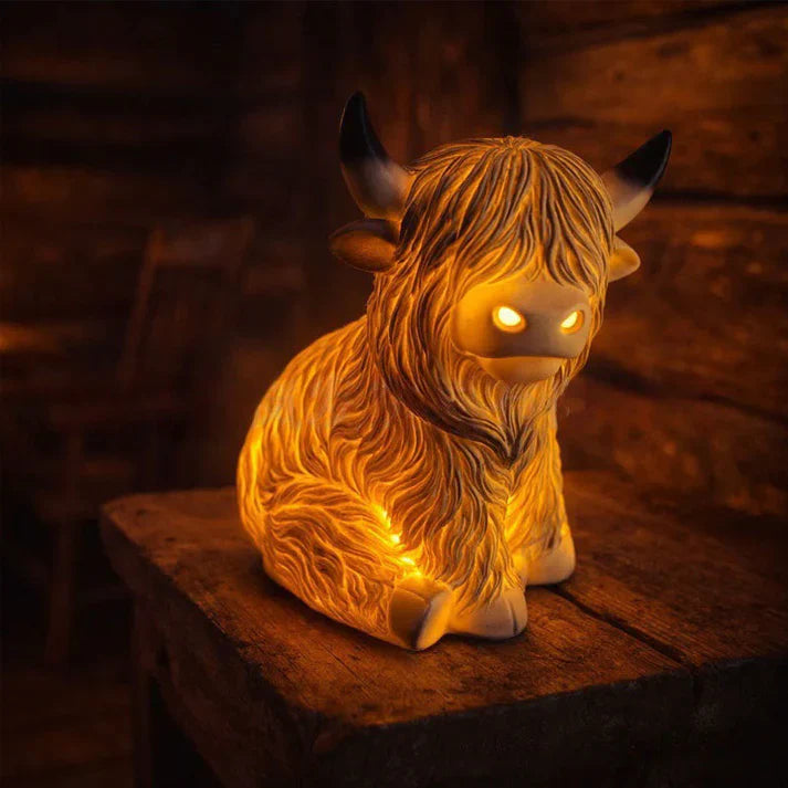 Highland-Kuh Nachtlicht Resin – Warmes Bernsteinlicht & Deko