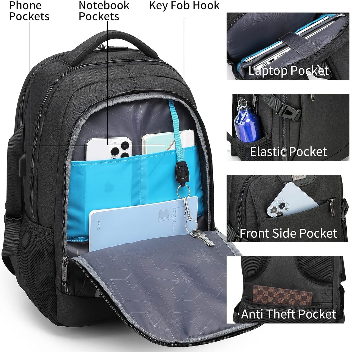 Wasserdichter Laptop-Reiserucksack – USB-Ladeport & Organizer-Fächer