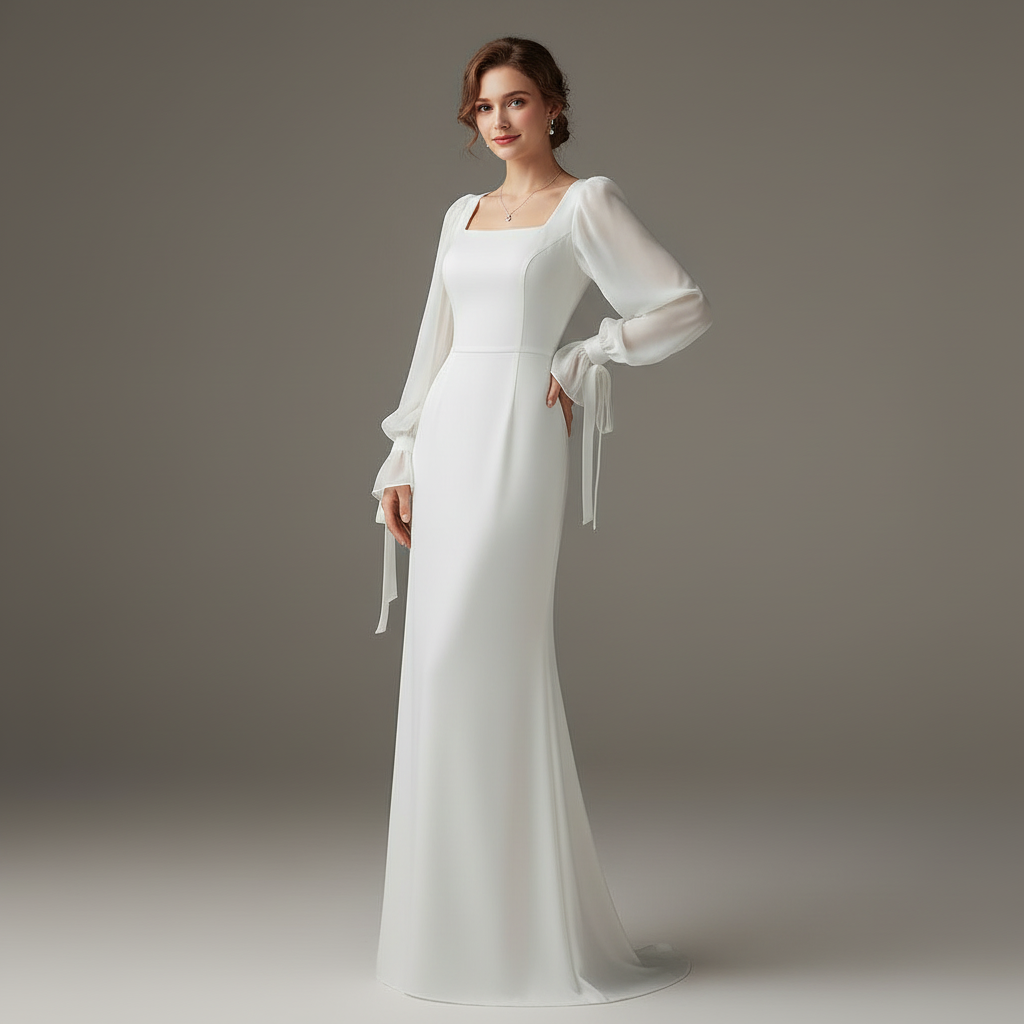 Elegantes Maxi Kleid mit Langarm und Quadratischem Ausschnitt | Damenmode