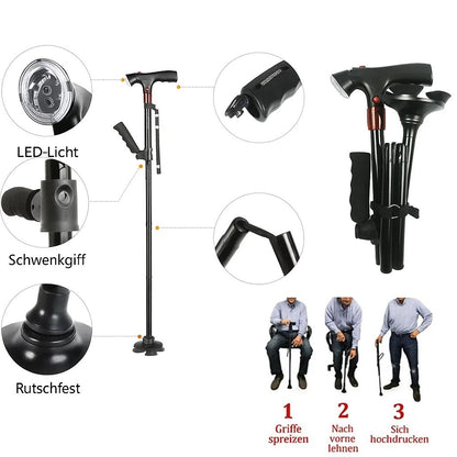 Faltbarer Gehstock – LED-Beleuchtung & SOS-Alarm Funktion
