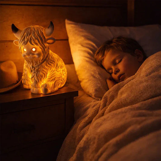 Highland-Kuh Nachtlicht Resin – Warmes Bernsteinlicht & Deko